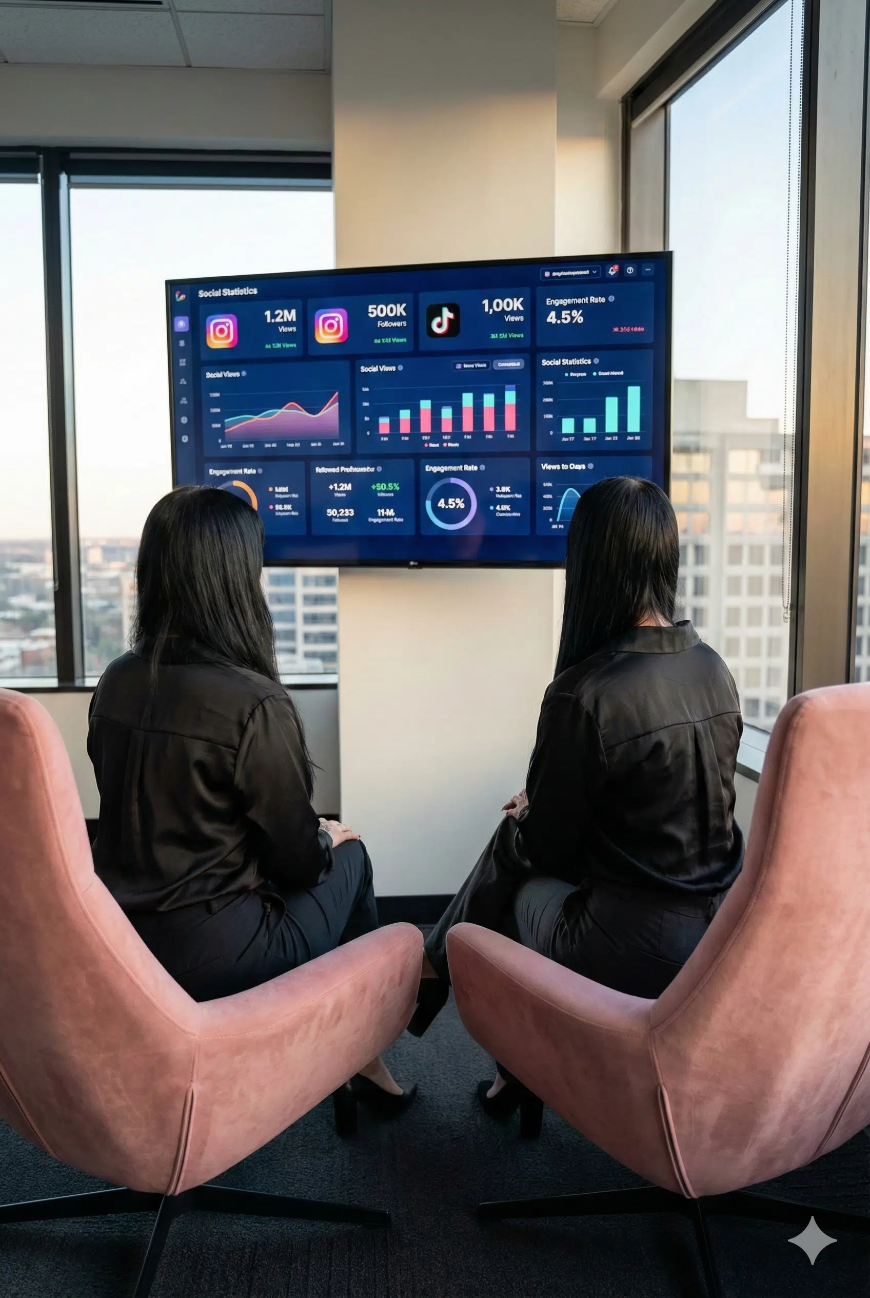 Duas pessoas em poltronas analisando um painel de estatísticas de redes sociais na parede