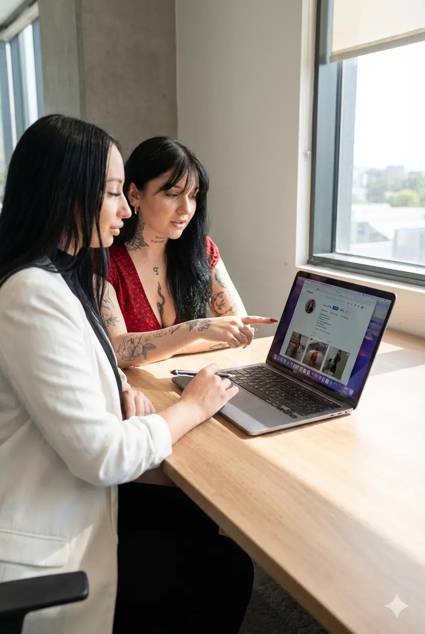 Duas mulheres em uma mesa analisando juntas o perfil de uma criadora em um notebook